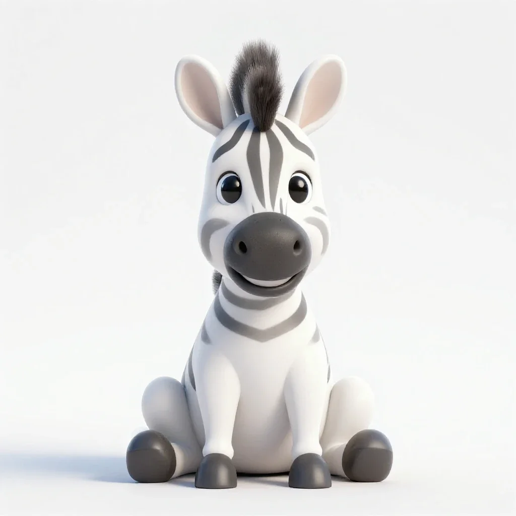 A little zebra is sitting with its legs crossed and smiling sweetly., white background, clean...