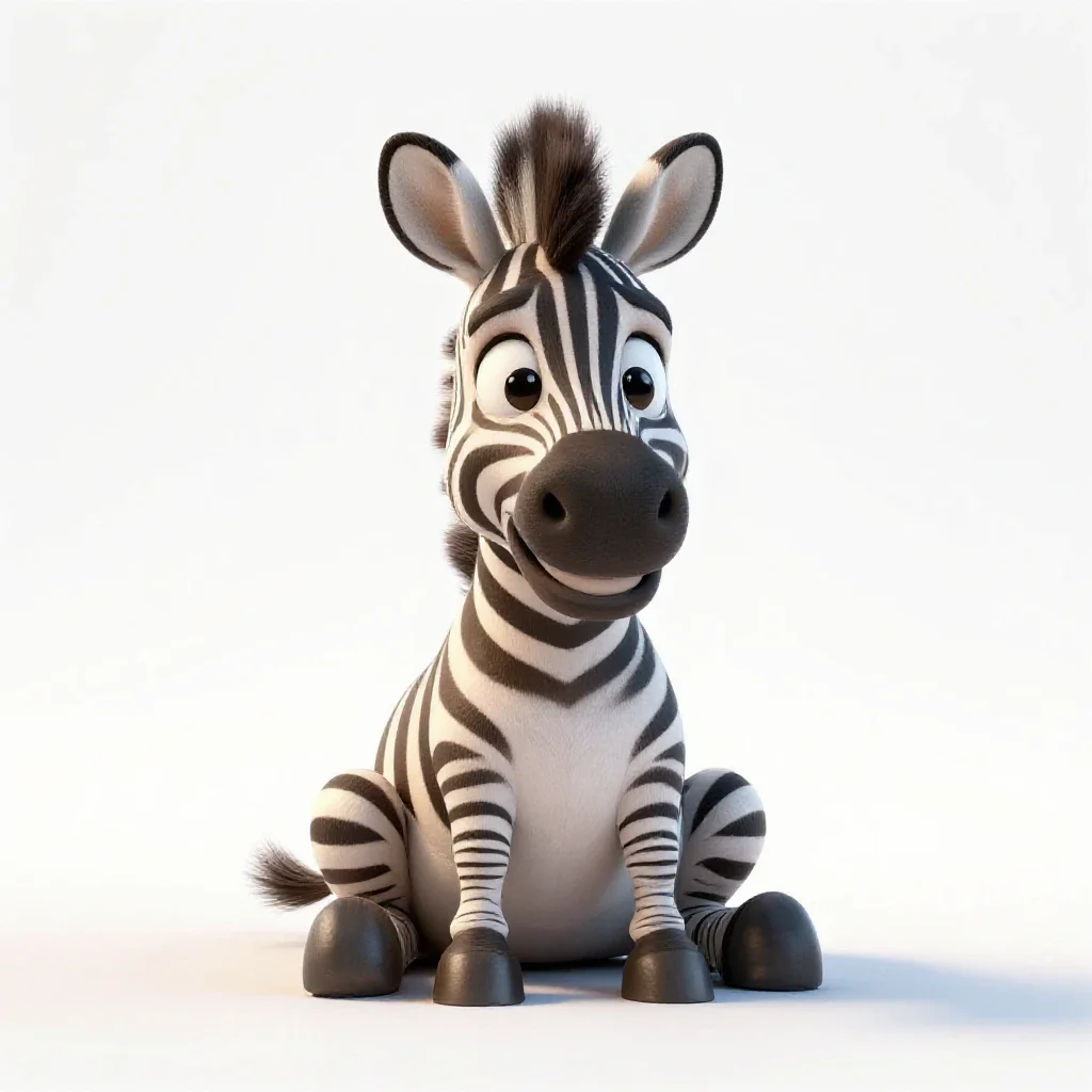 A little zebra is sitting with its legs crossed and smiling sweetly., white background, 3D re...