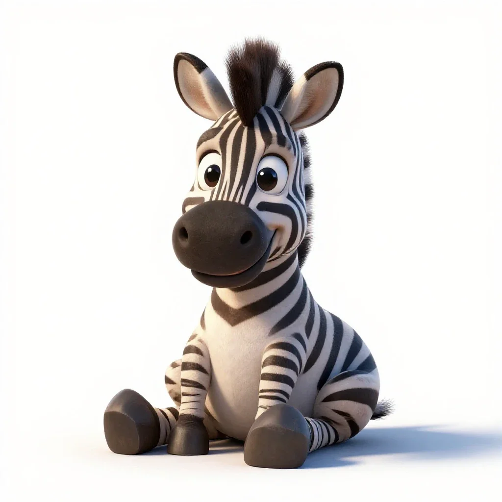 A little zebra is sitting with its legs crossed and smiling sweetly., white background, game...