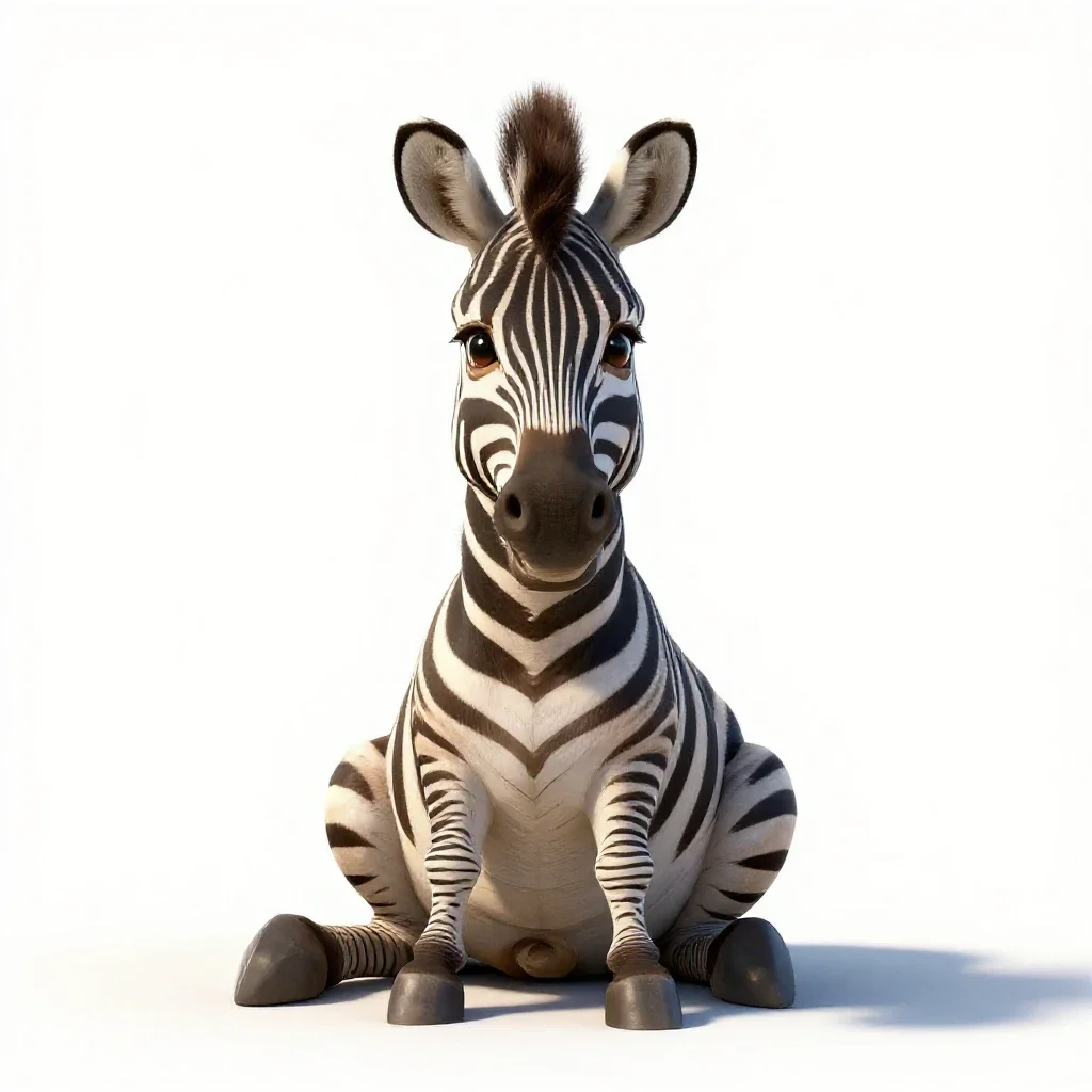 A little zebra is sitting with its legs crossed and smiling sweetly., white background, conce...