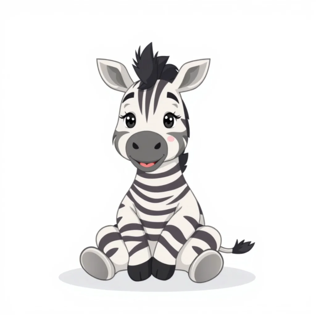 A little zebra is sitting with its legs crossed and smiling sweetly., white background, game...