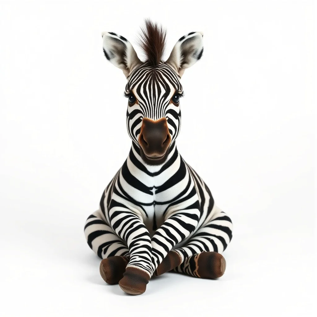 A little zebra is sitting with its legs crossed and smiling sweetly., white background, clean...