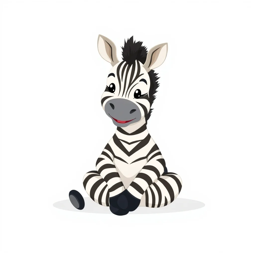 A little zebra is sitting with its legs crossed and smiling sweetly., white background, conce...