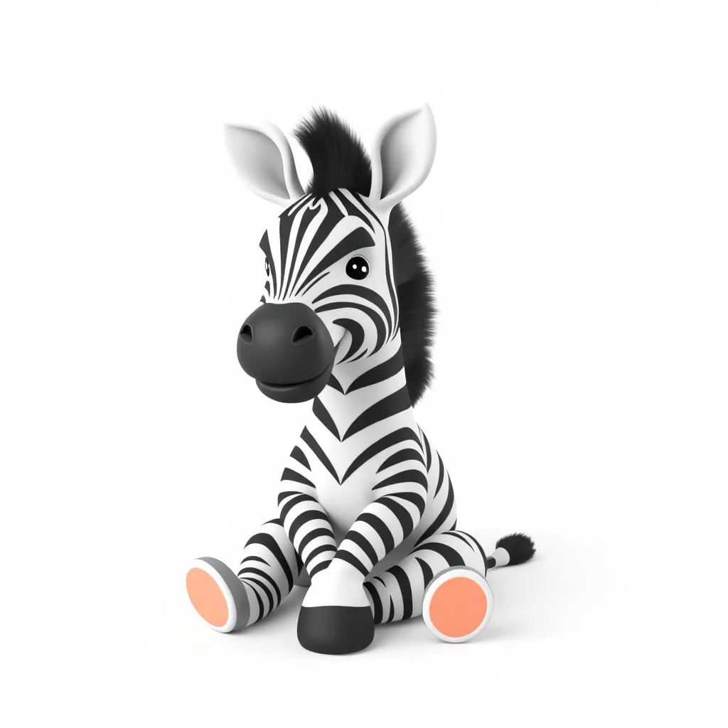 A little zebra is sitting with its legs crossed and smiling sweetly., white background, 3D re...